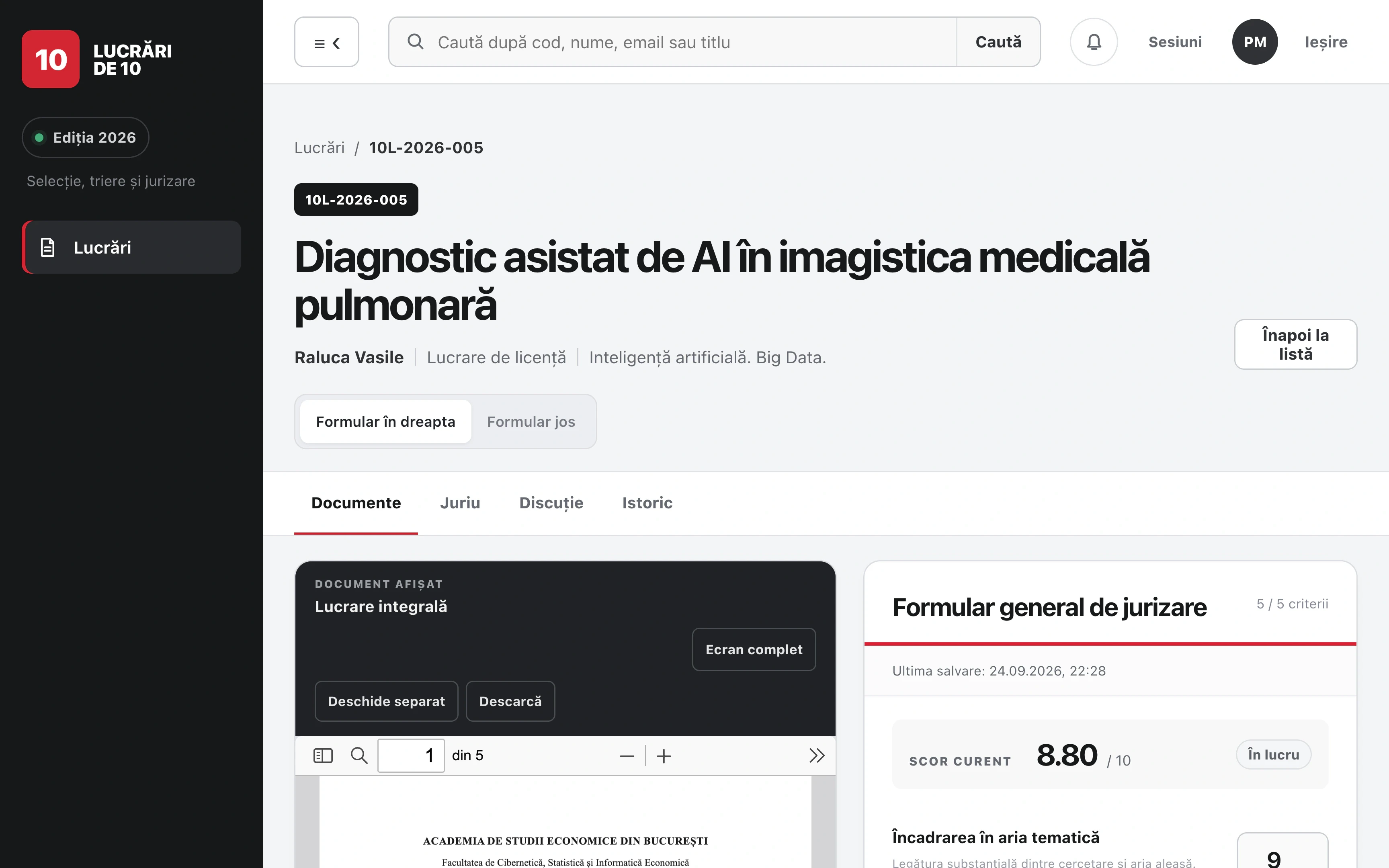 Spațiul de lucru al unui jurat: lucrarea în vizualizatorul PDF și formularul de jurizare, cu date demo