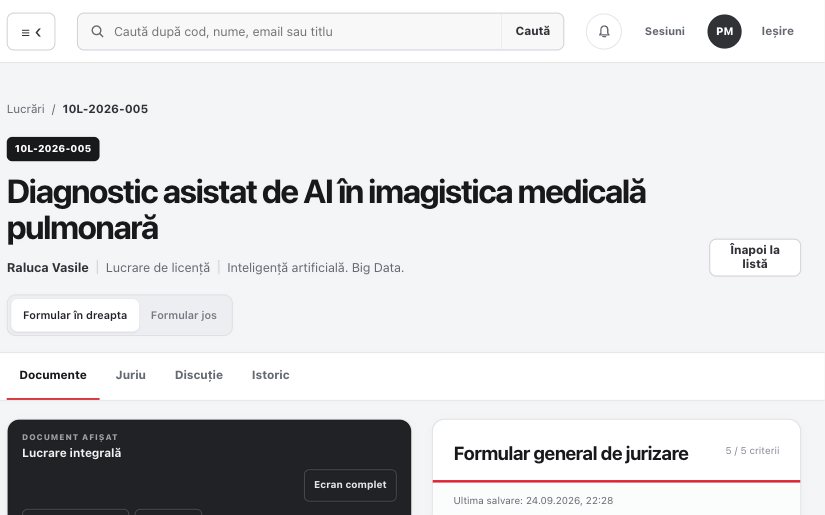 Spațiul de lucru al unui jurat: lucrarea în vizualizatorul PDF și formularul de jurizare, cu date demo