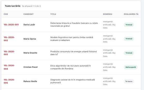 Lista lucrărilor asignate unui jurat, cu starea evaluării, cu date demo